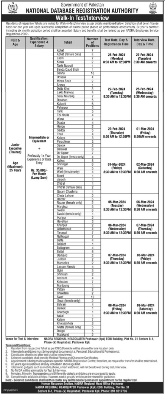 NADRA Jobs in KPK 2024 National Database & Registration Authority (NADRA)"