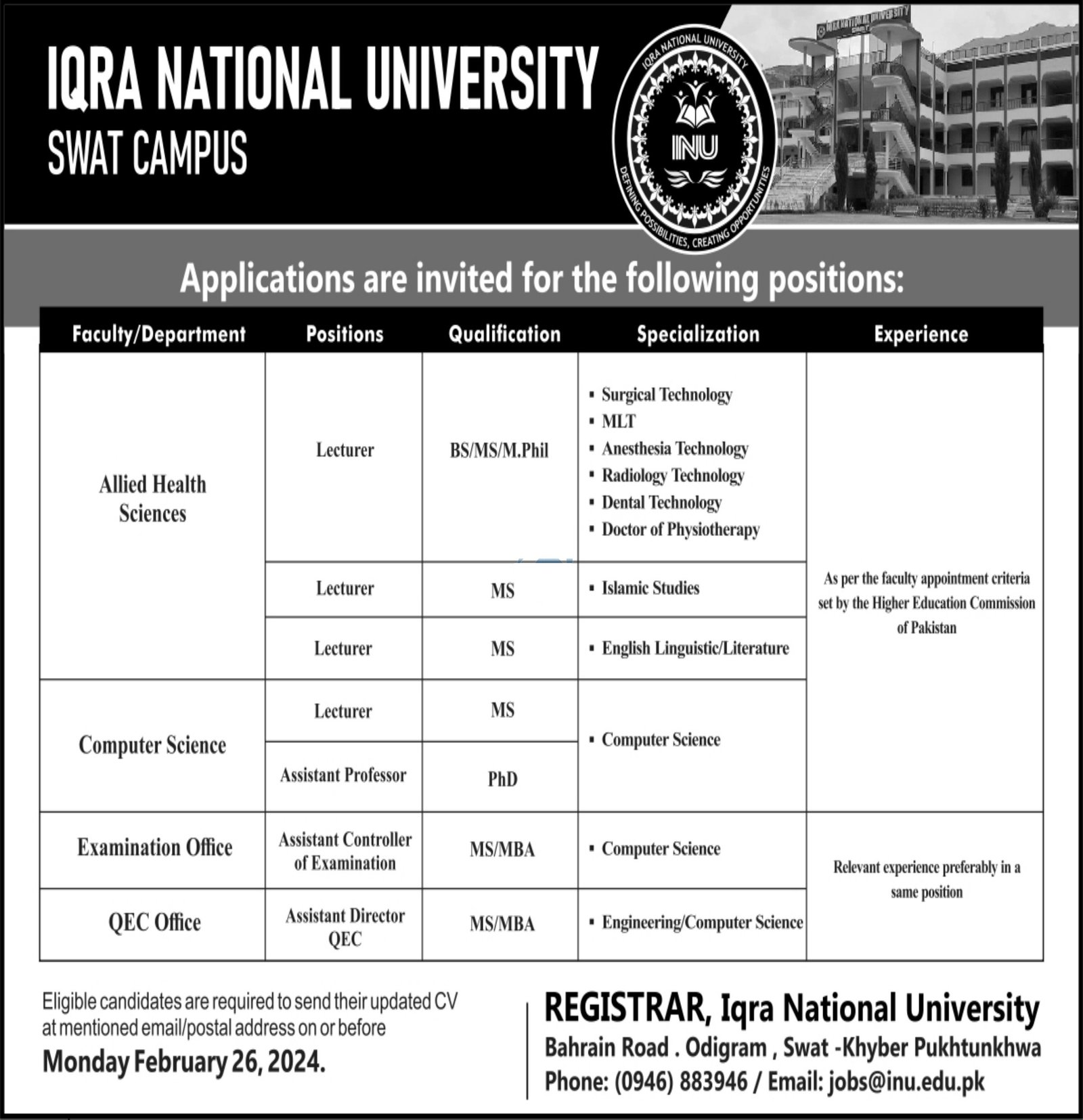 Iqra National University Swat Campus seeks qualified applicants for Lecturer, Assistant Professor, and other positions in Allied Health Sciences, Computer Science, Examination & QEC Offices. Apply by Feb 26th! Teaching jobs in Swat KPK