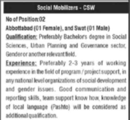 Job posting for Social Mobilizers (2 positions) in Abbottabad (female) and Swat (male) requiring bachelor's degree and experience in social development.