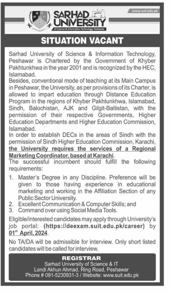 Job advertisement for Regional Marketing Coordinator at Sarhad University (SUIT) in Karachi, Pakistan