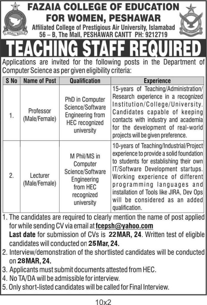 Fazaia College of Education for Women, Peshawar - Job advertisement seeking Computer Science Professors and Lecturers