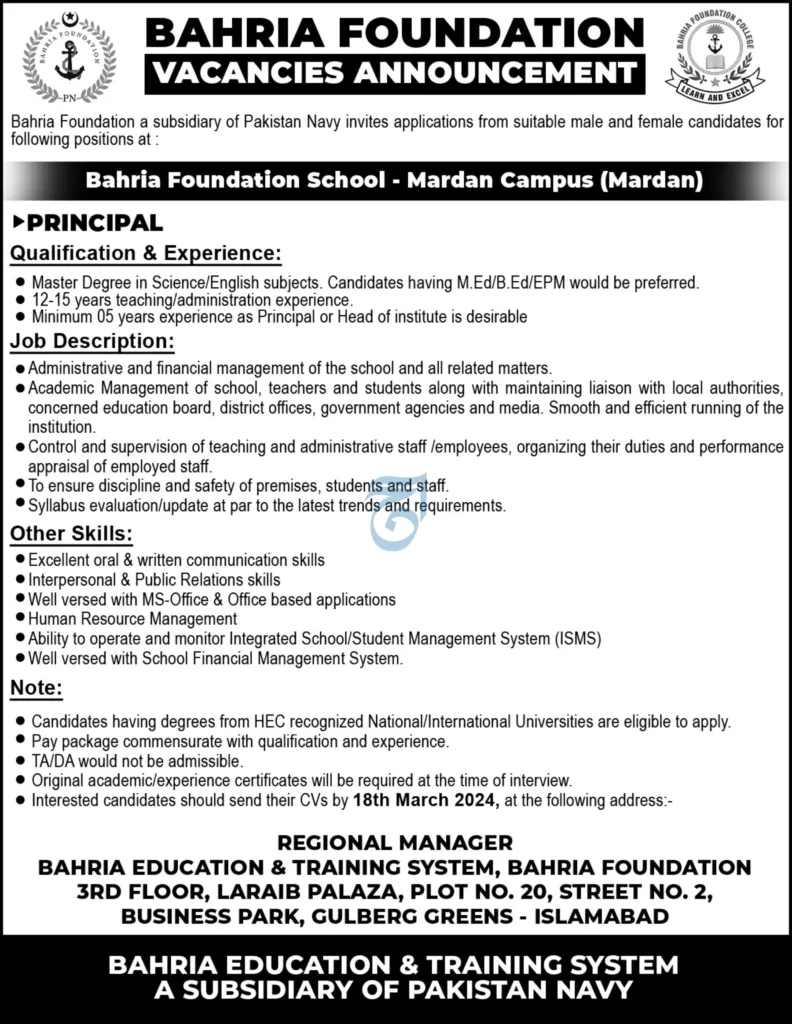 Bahria Foundation School Mardan Principal Vacancy Announcement. Master's degree, 12+ years experience required. Apply by March 18th