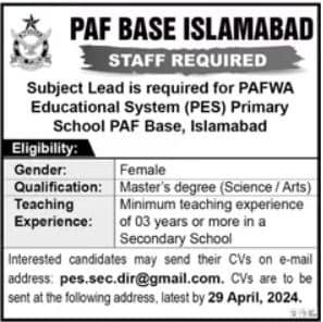 Female Teacher Jobs at PAF Base Islamabad: Apply Now!