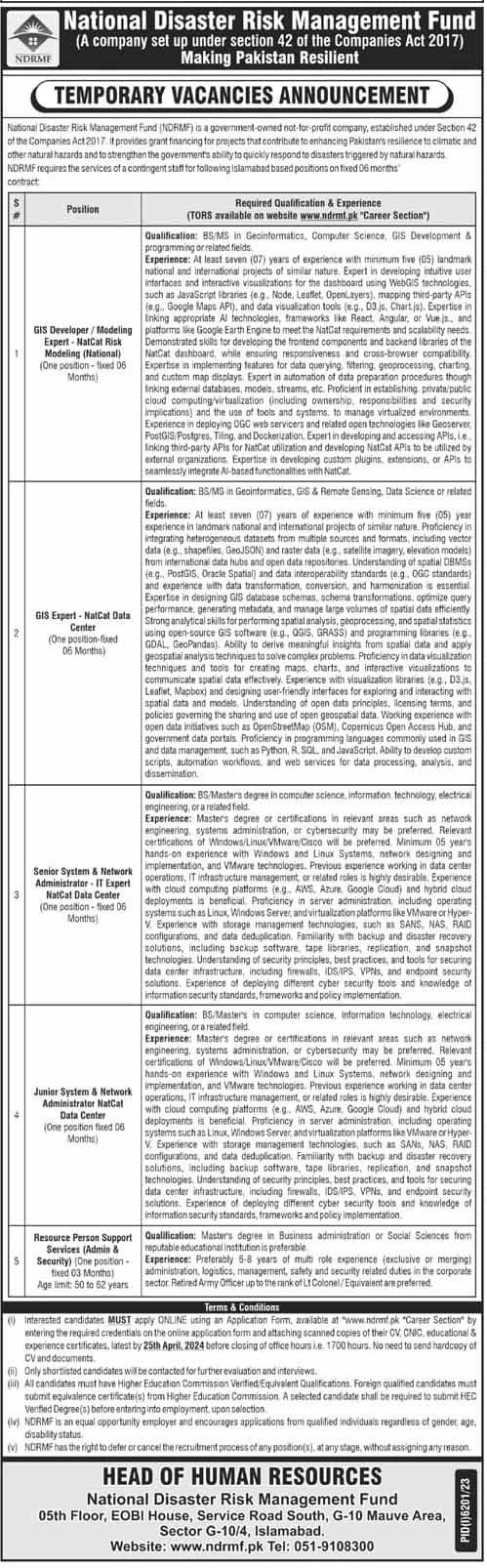 Pakistan Disaster Management Jobs - NDRMF Seeks Temporary Staff. Jobs in National Disaster