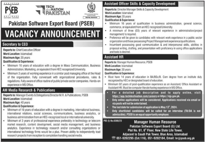 Pakistan Software Export Board (PSB) job advertisement for entry-level positions in Skills & Capacity Development, Human Resources, and Media Research & Publications