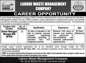 jobs in Lahore waste management company 2021