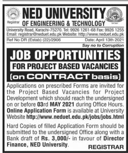 jobs in Karachi Ned University of Engineering and Technology 2021