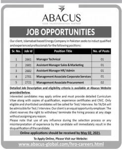 job in Islamabad Energy company abacus 2021