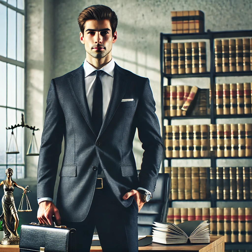 A confident attorney in a modern law office, wearing a well-tailored suit, holding a briefcase, with law books and a cityscape view in the background