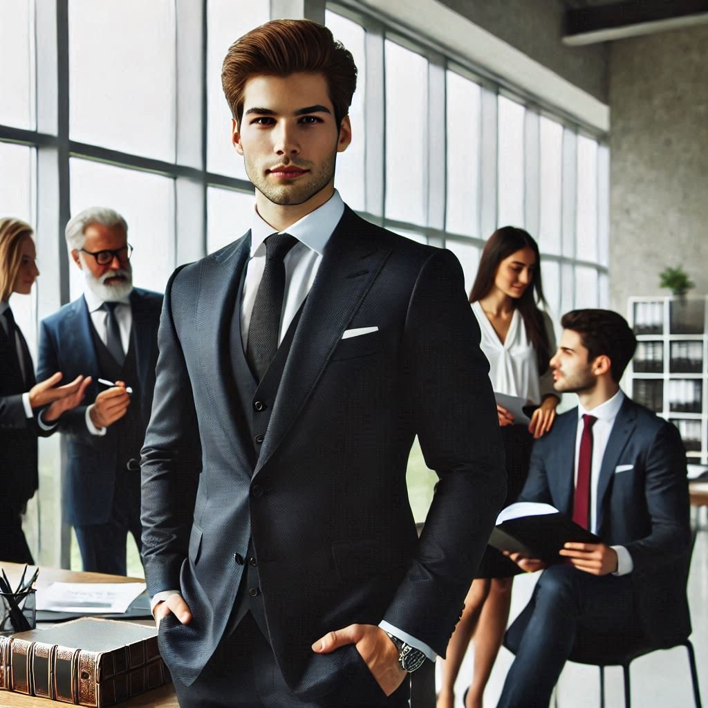 A confident lawyer standing in a modern office with a group of colleagues discussing in the background.