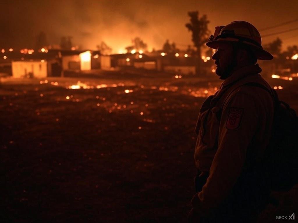 2025 Southern California wildfire scene with active fires, emergency crews, and affected areas